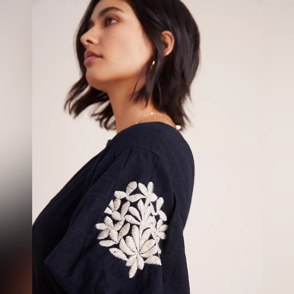 ANTHROPOLOGIE Dark Navy Blue “Orla” Embroidered Mini Dress Subtle Pattern - Picture 3 of 13